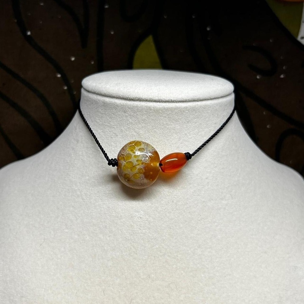 Handmade Lampwork Glass and Carnelian Choker Necklace Boho Black Cord